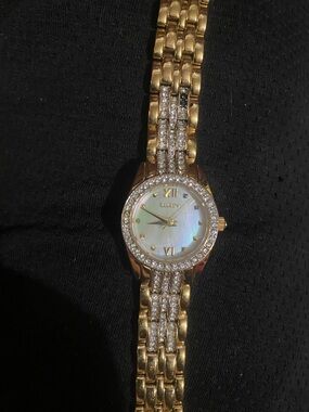Elgin Women's Gold-Plated Crystal Bracelet Watch with Mother-of-Pearl Dial
